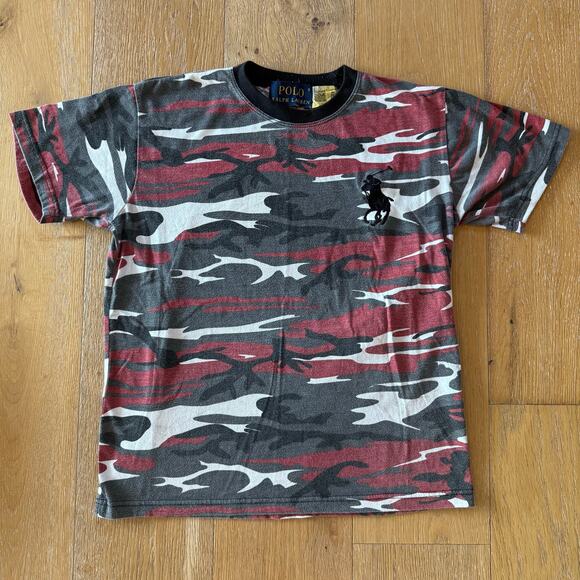 Vintage Polo Ralph Lauren Red Black Camo Big Pony T-Shirt Men’s S - Picture 1 of 7